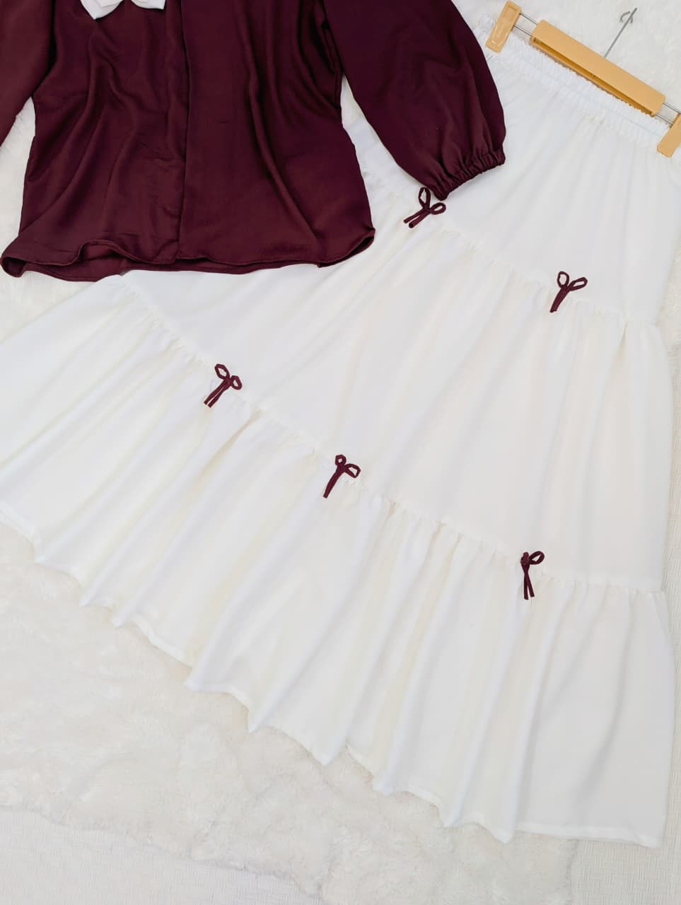 Al Shifa – Maroon Elegance Bow Top & Ivory Flare Skirt Set