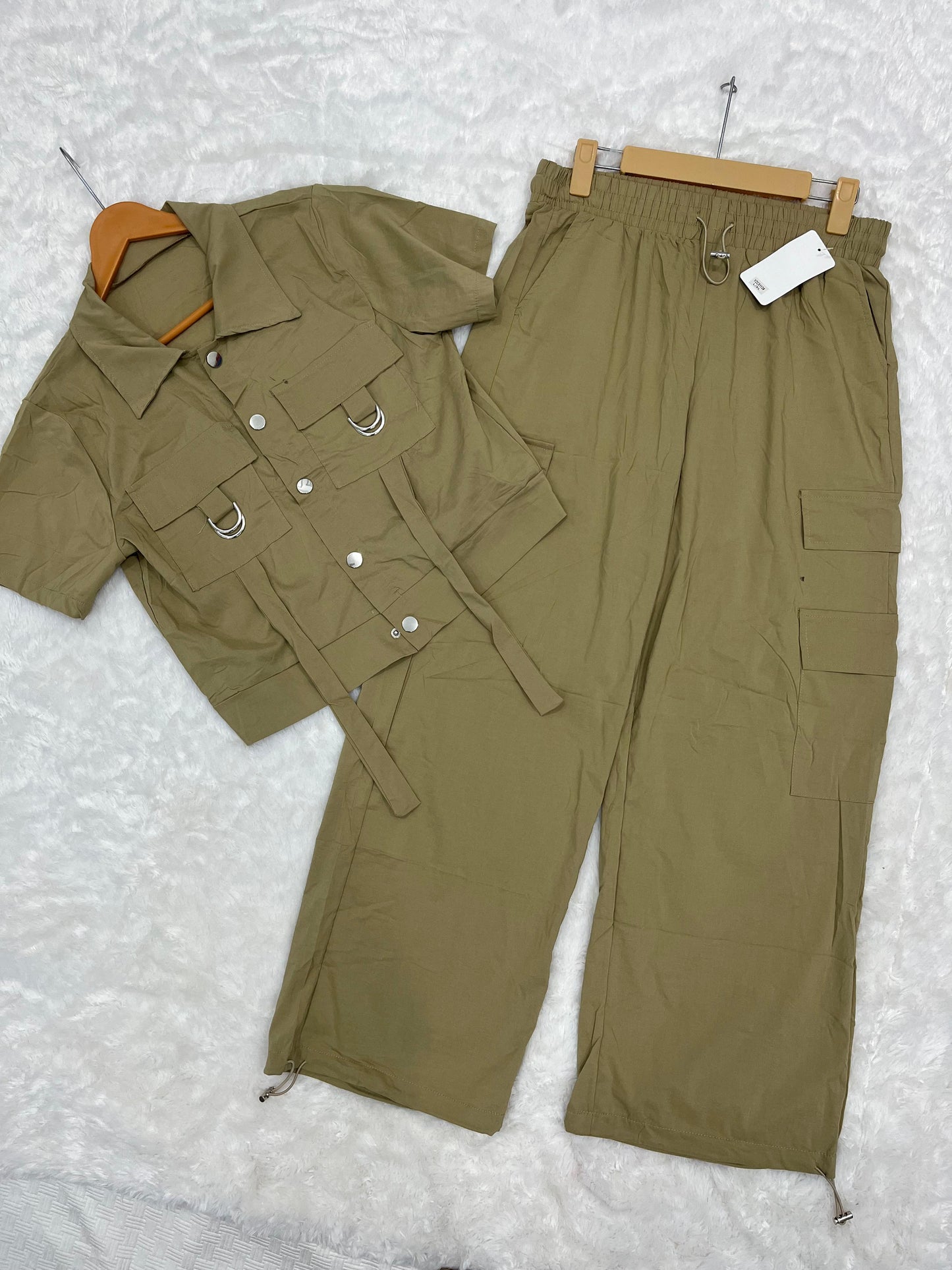 Trendy Women’s Khaki Cargo 2 Piece Set – Short Sleeve Button Shirt & Wide Leg Pants