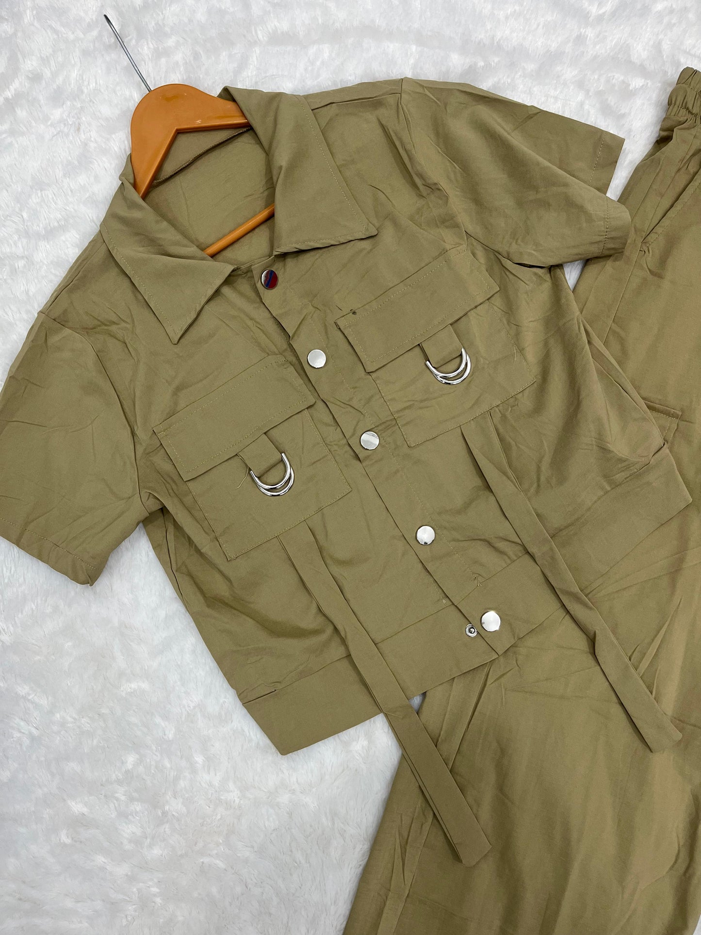 Trendy Women’s Khaki Cargo 2 Piece Set – Short Sleeve Button Shirt & Wide Leg Pants