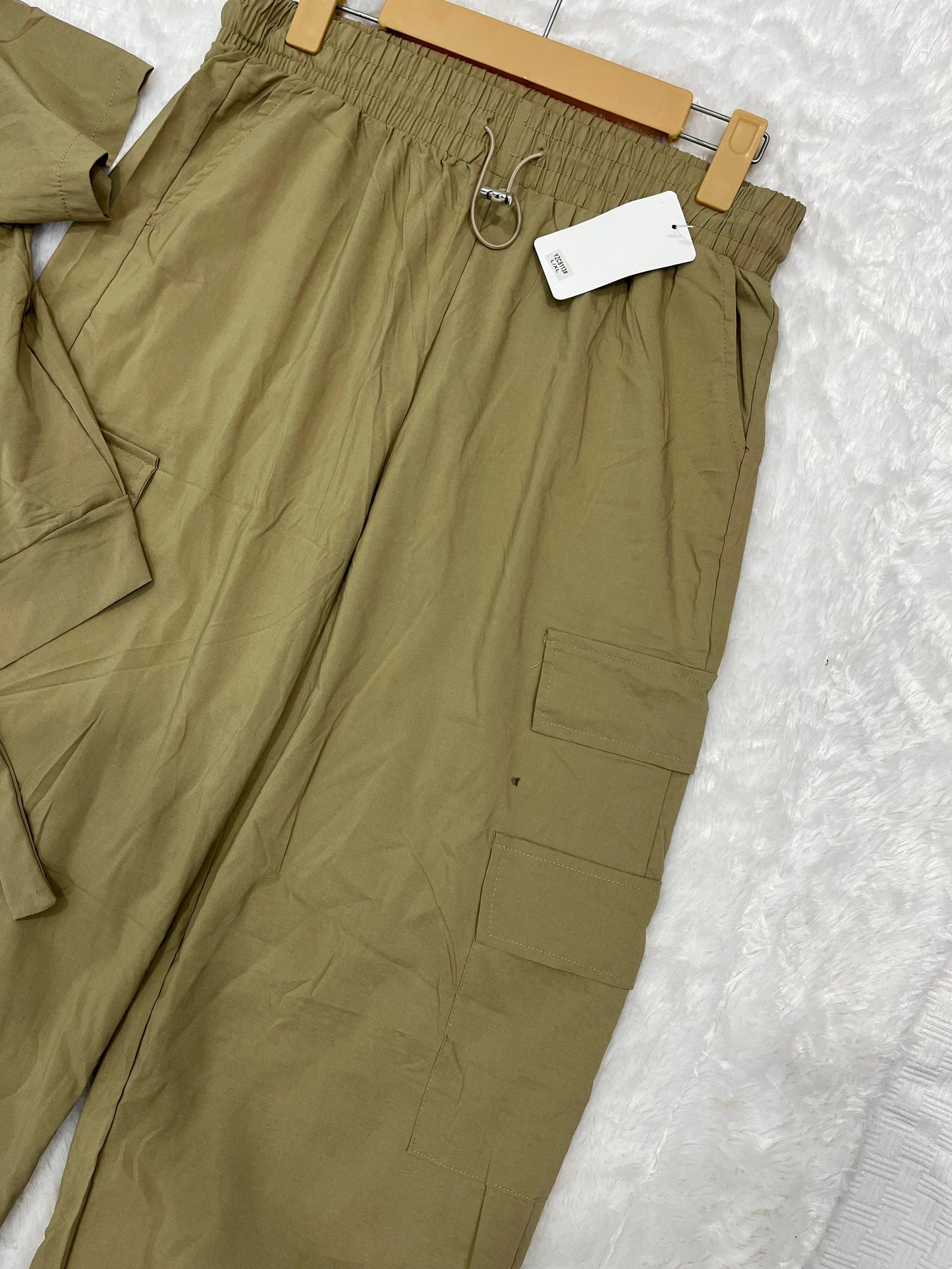 Trendy Women’s Khaki Cargo 2 Piece Set – Short Sleeve Button Shirt & Wide Leg Pants