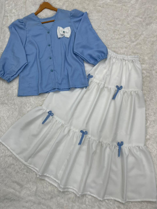 Elegant Blue Puff Sleeve Top with White Tiered Skirt – 2 Piece Stitched Set