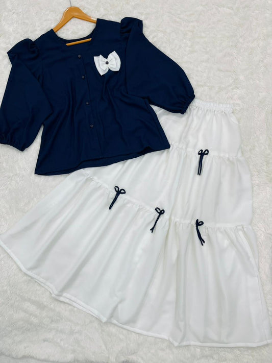 Navy Blue & White Girls 2 Piece Dress Set – Stylish Puff Sleeve Top with Layered Skirt