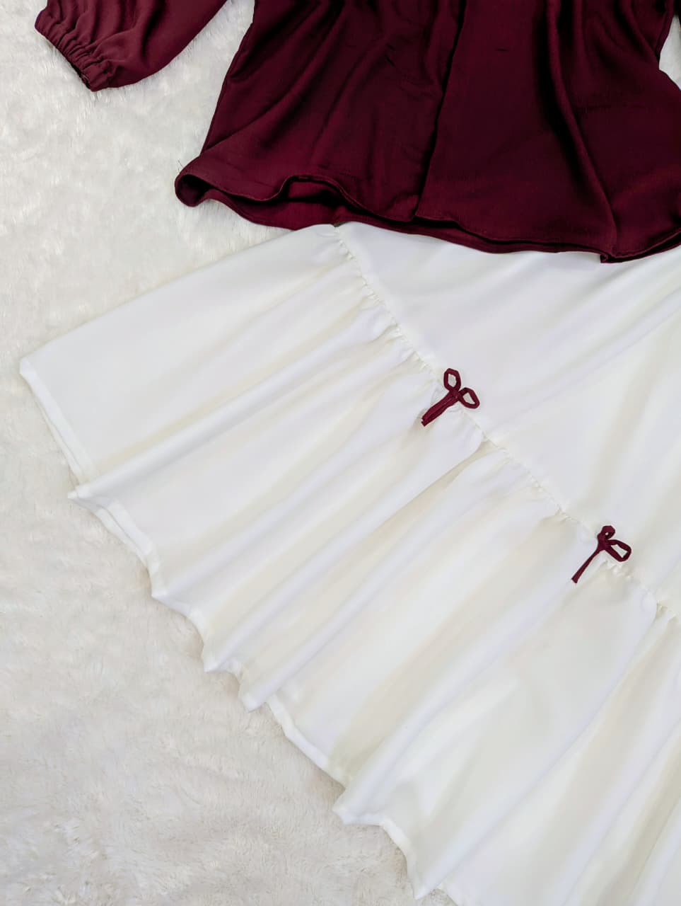 Al Shifa – Maroon Elegance Bow Top & Ivory Flare Skirt Set