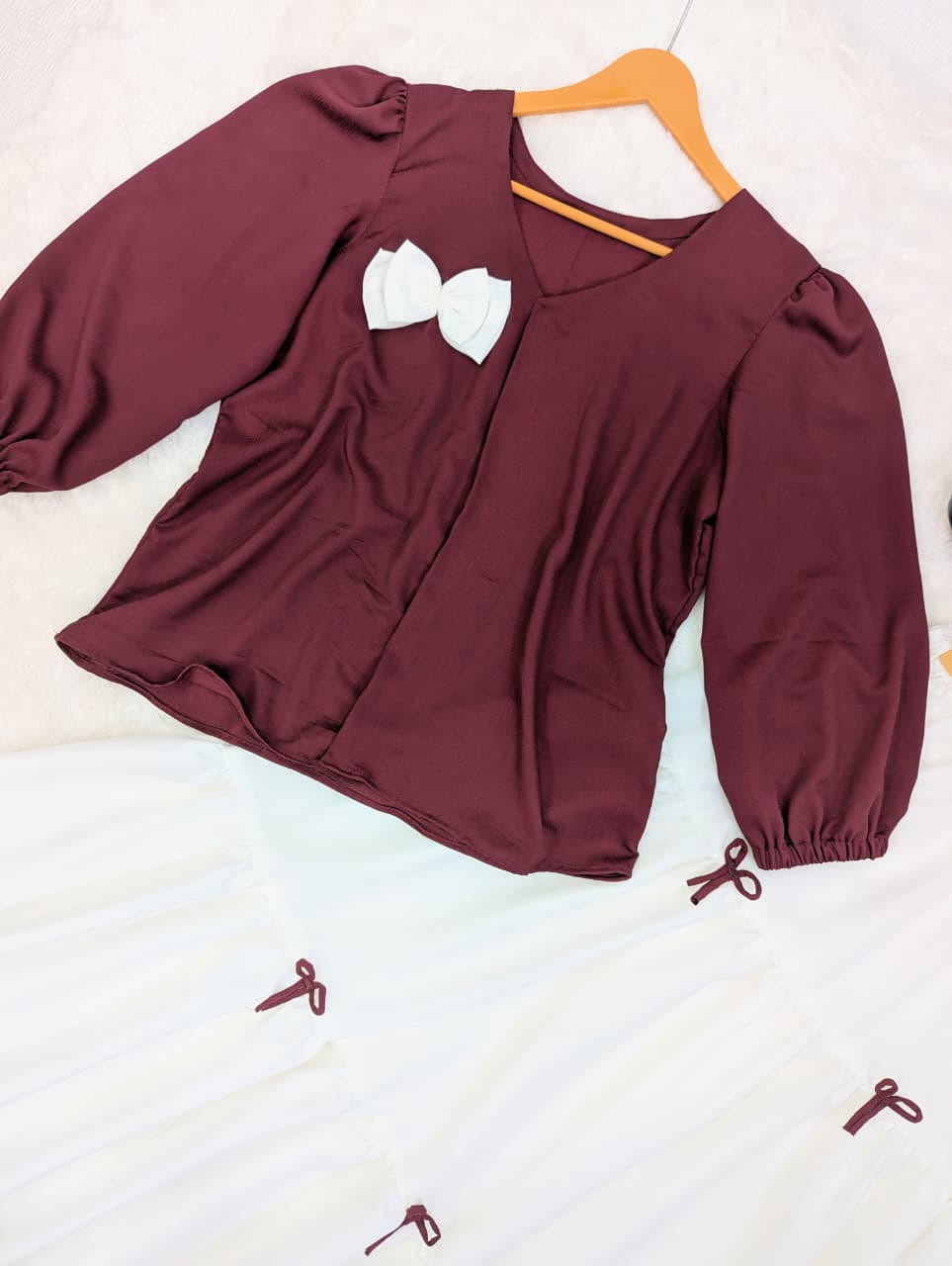 Al Shifa – Maroon Elegance Bow Top & Ivory Flare Skirt Set